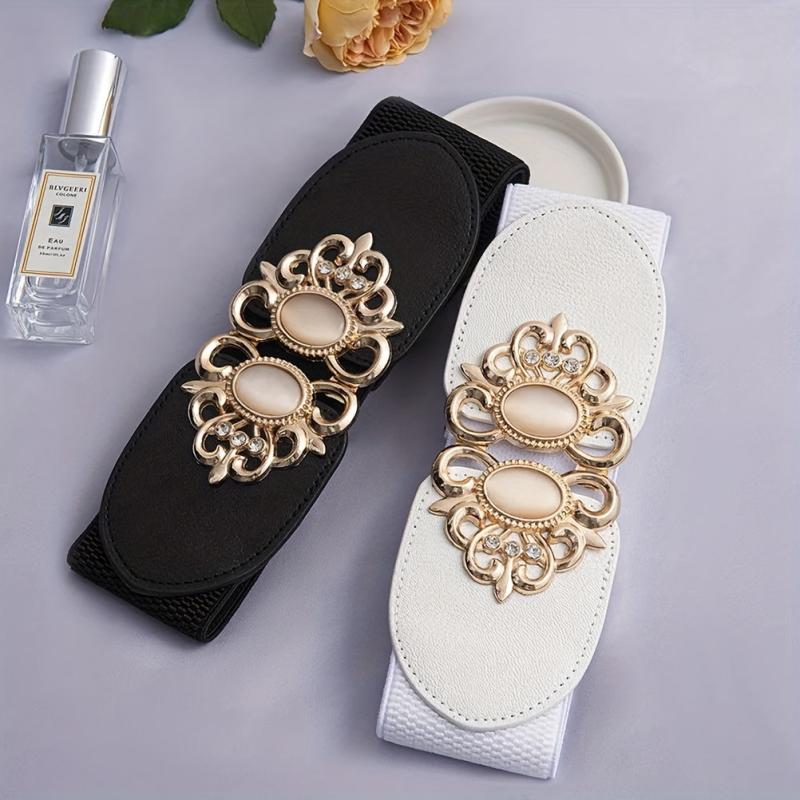 Women's Wide Elastic Belt with Double Metal Buckle