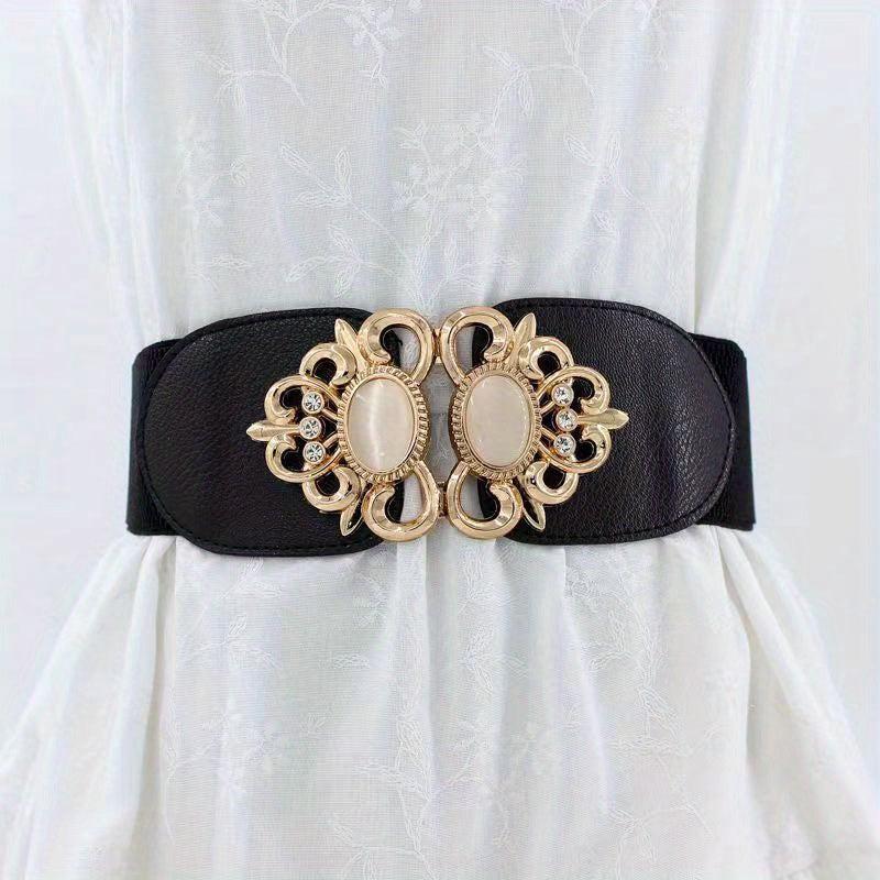 Women's Wide Elastic Belt with Double Metal Buckle
