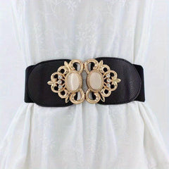 Women's Wide Elastic Belt with Double Metal Buckle