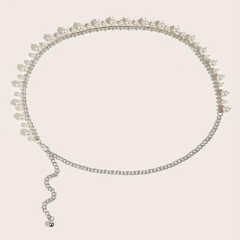 Pearl Pendant Rhinestone Waist Chain Belly Chain Silvery Belt