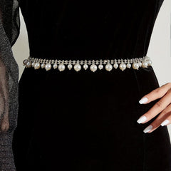 Pearl Pendant Rhinestone Waist Chain Belly Chain Silvery Belt