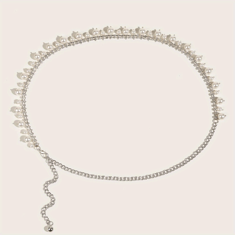 Pearl Pendant Rhinestone Waist Chain Belly Chain Silvery Belt
