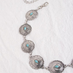 Turquoise Carved Silvery Waist Chain Geometric Flower Embossed Belly Chain 