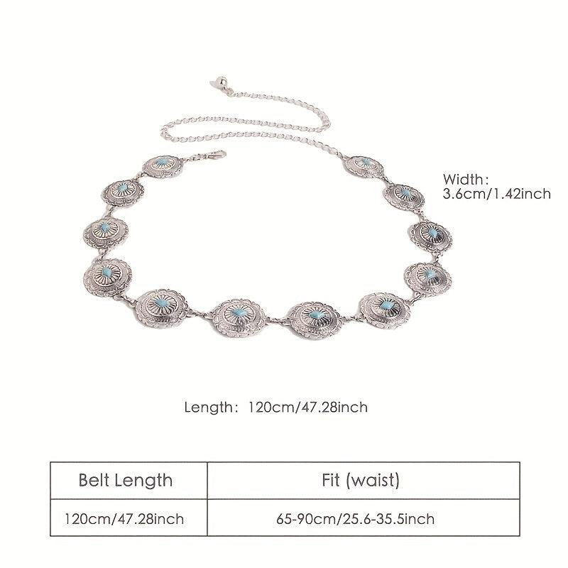 Turquoise Carved Silvery Waist Chain Geometric Flower Embossed Belly Chain 