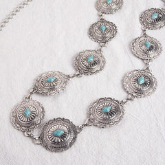 Turquoise Carved Silvery Waist Chain Geometric Flower Embossed Belly Chain 