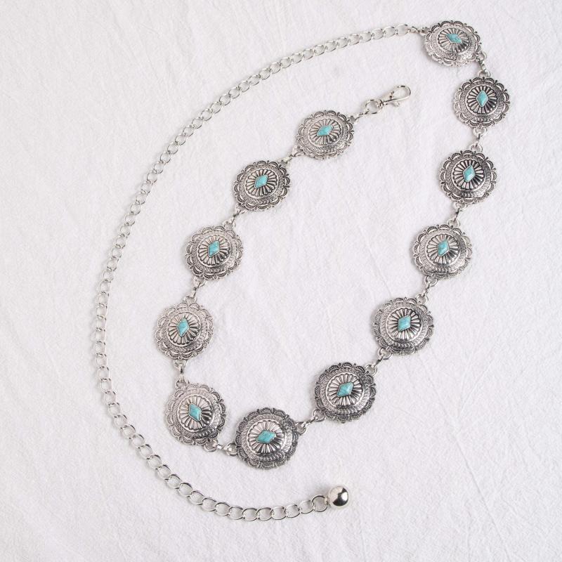 Turquoise Carved Silvery Waist Chain Geometric Flower Embossed Belly Chain 