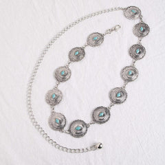 Turquoise Carved Silvery Waist Chain Geometric Flower Embossed Belly Chain 