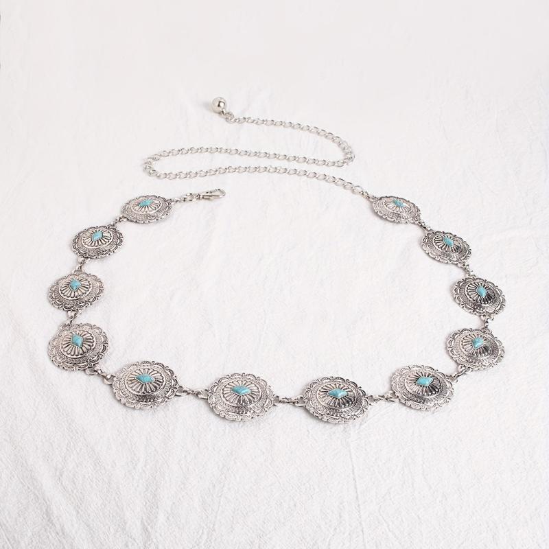 Turquoise Carved Silvery Waist Chain Geometric Flower Embossed Belly Chain 