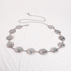 Turquoise Carved Silvery Waist Chain Geometric Flower Embossed Belly Chain 