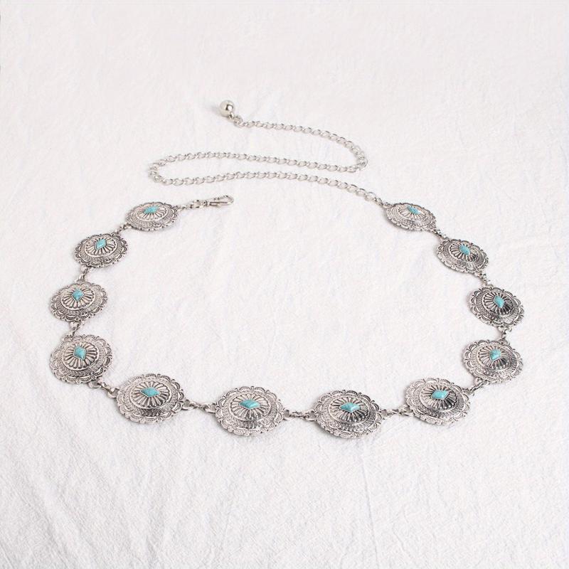 Turquoise Carved Silvery Waist Chain Geometric Flower Embossed Belly Chain 