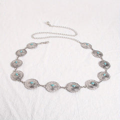 Turquoise Carved Silvery Waist Chain Geometric Flower Embossed Belly Chain 