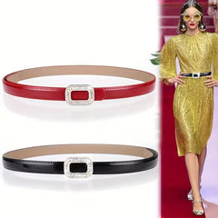 Women's Rhinestone Square Buckle Thin Leather Belt