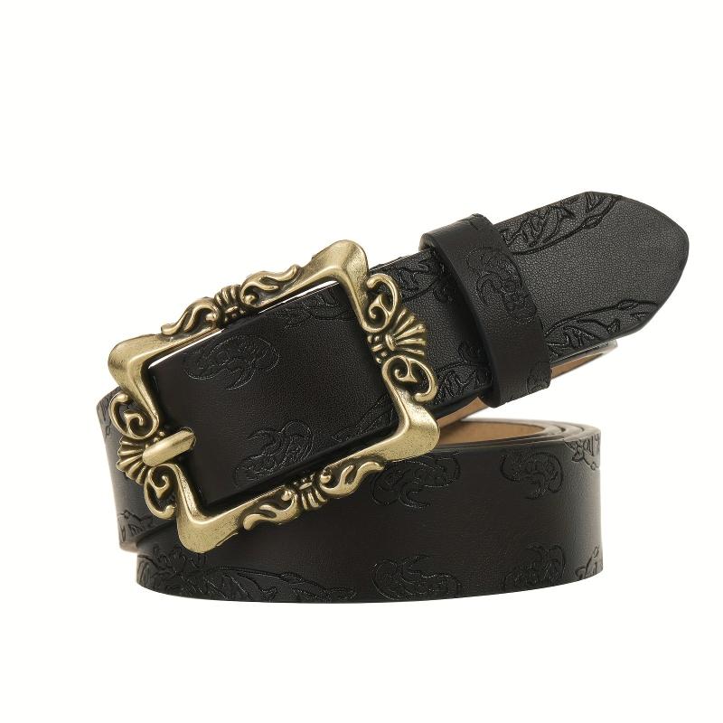 Vintage Embossed Hollow Carved Rectangular Buckle PU Belt Women