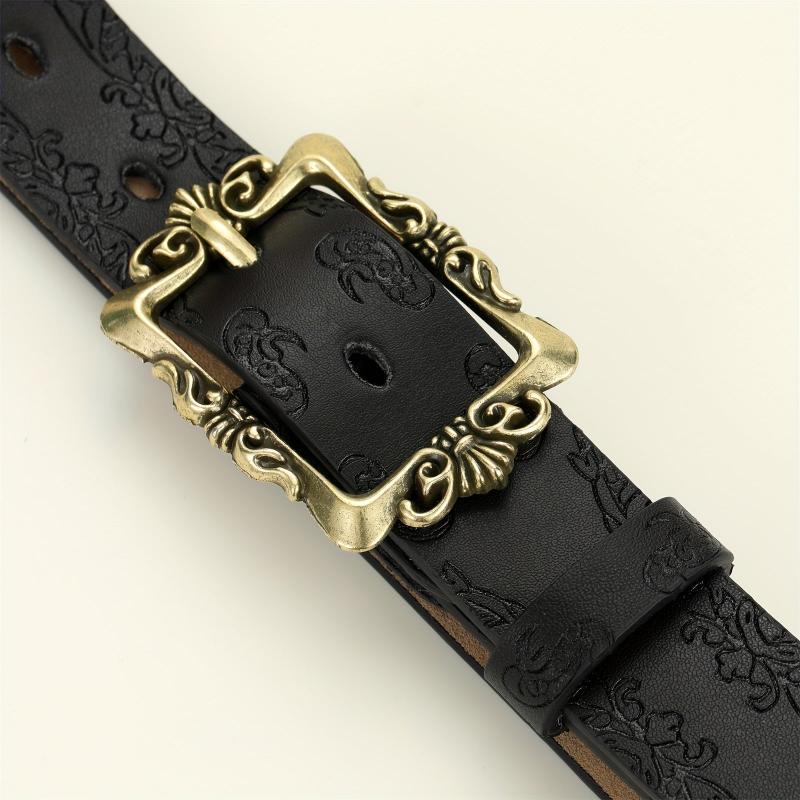 Vintage Embossed Hollow Carved Rectangular Buckle PU Belt Women