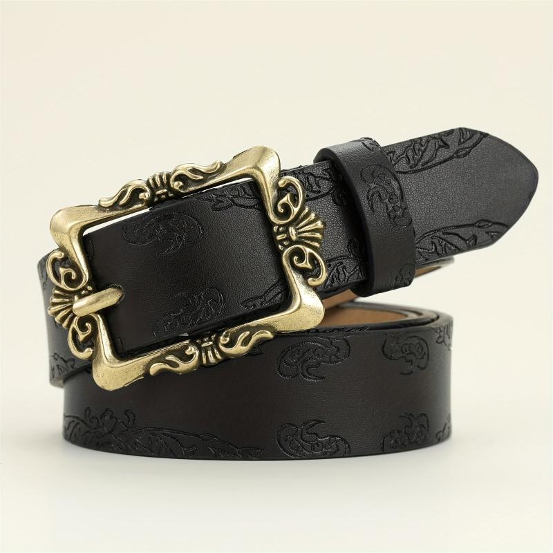 Vintage Embossed Hollow Carved Rectangular Buckle PU Belt Women