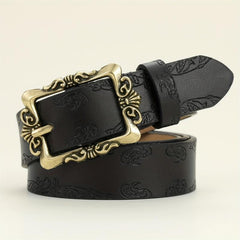 Vintage Embossed Hollow Carved Rectangular Buckle PU Belt Women