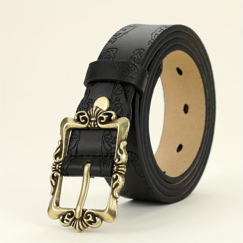 Vintage Embossed Hollow Carved Rectangular Buckle PU Belt Women