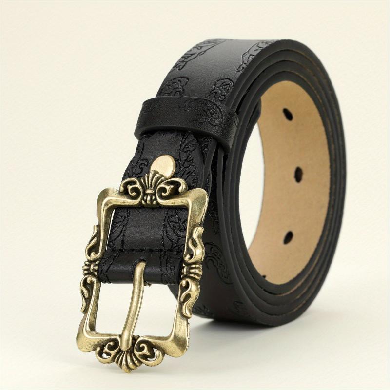 Vintage Embossed Hollow Carved Rectangular Buckle PU Belt Women