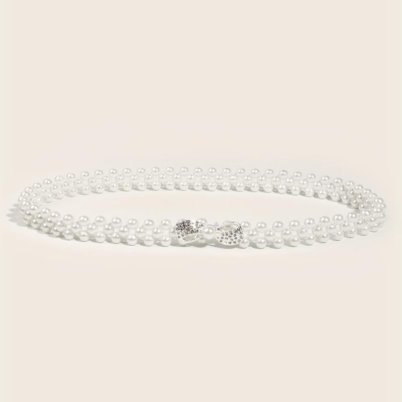 Bowknot Decor Waist Chain Faux Pearl Elastic Chain Belt Dress Girdle