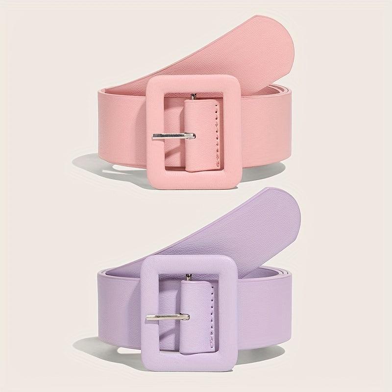 Candy PU Belt Square Pin Buckle Pink & Purple Wide Belt For Women