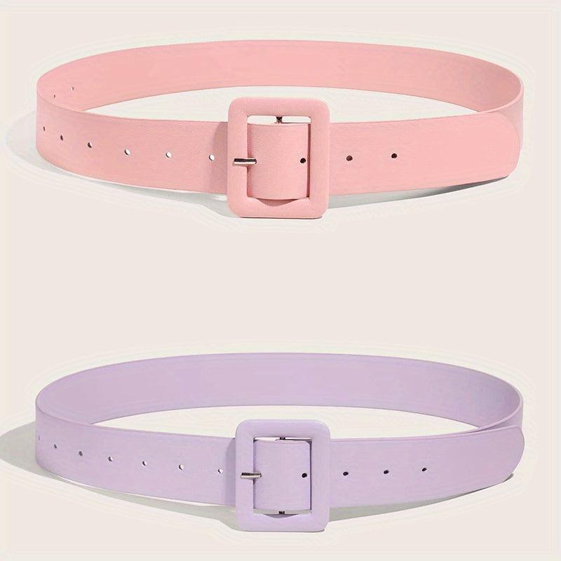 Candy PU Belt Square Pin Buckle Pink & Purple Wide Belt For Women