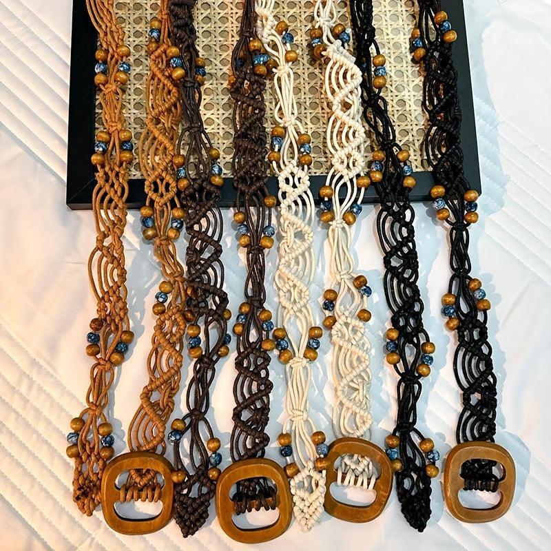 Boho Braided Belt with Vintage Wood Beads
