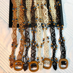 Boho Braided Belt with Vintage Wood Beads
