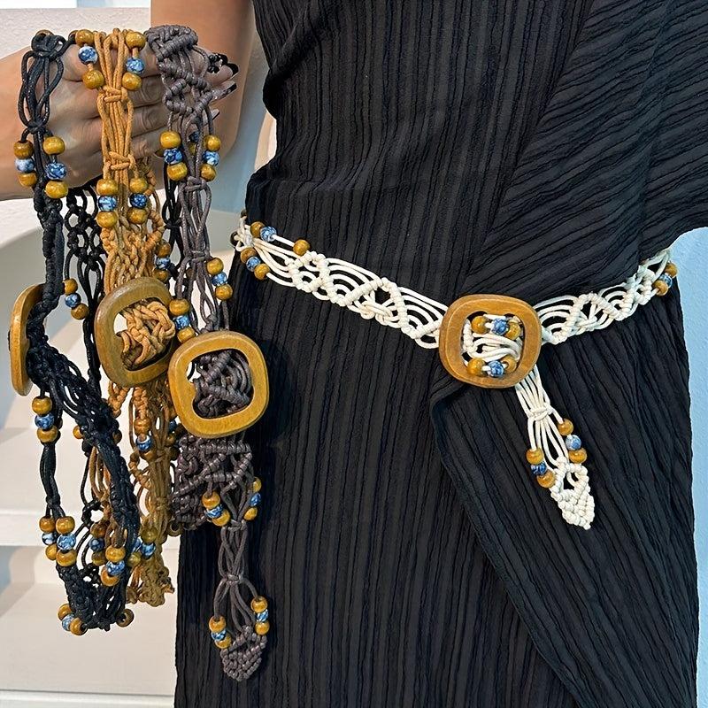 Boho Braided Belt with Vintage Wood Beads