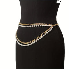 Faux Pearl Waistband Four Layer Chain - Women's Belly Chain