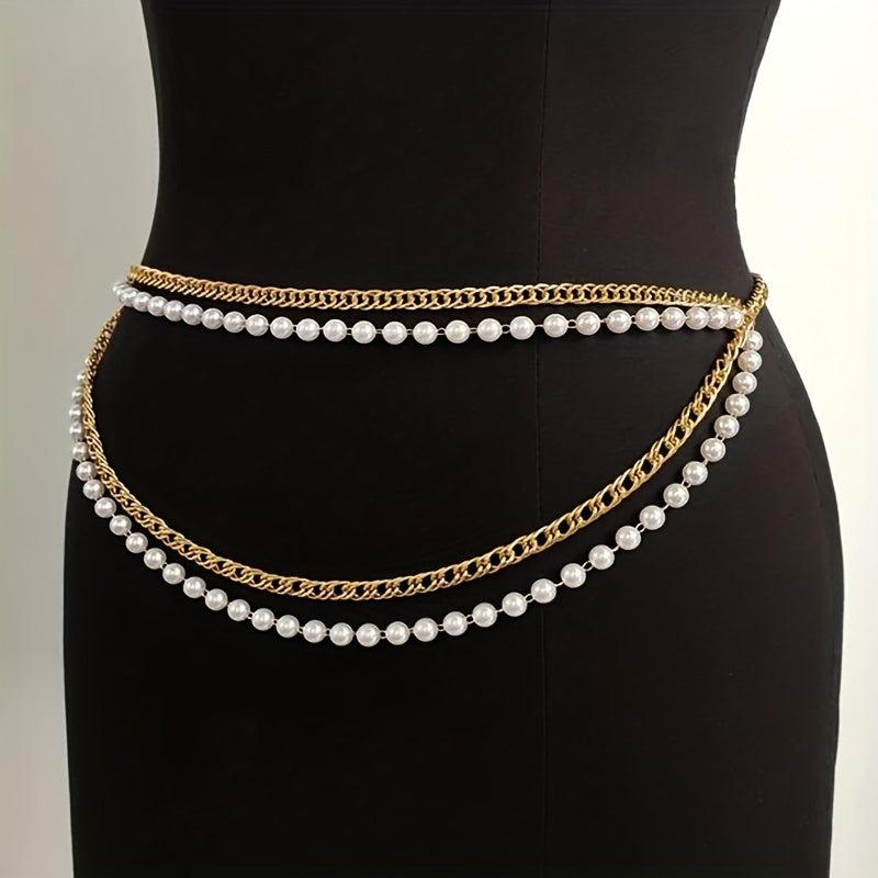 Faux Pearl Waistband Four Layer Chain - Women's Belly Chain