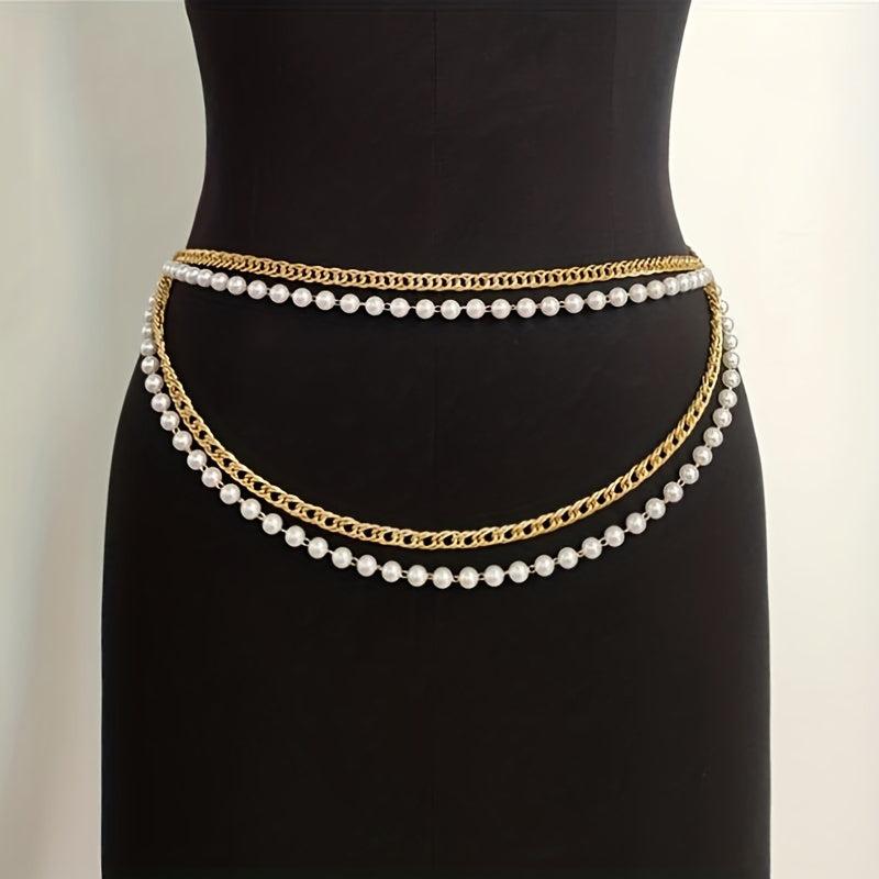Faux Pearl Waistband Four Layer Chain - Women's Belly Chain
