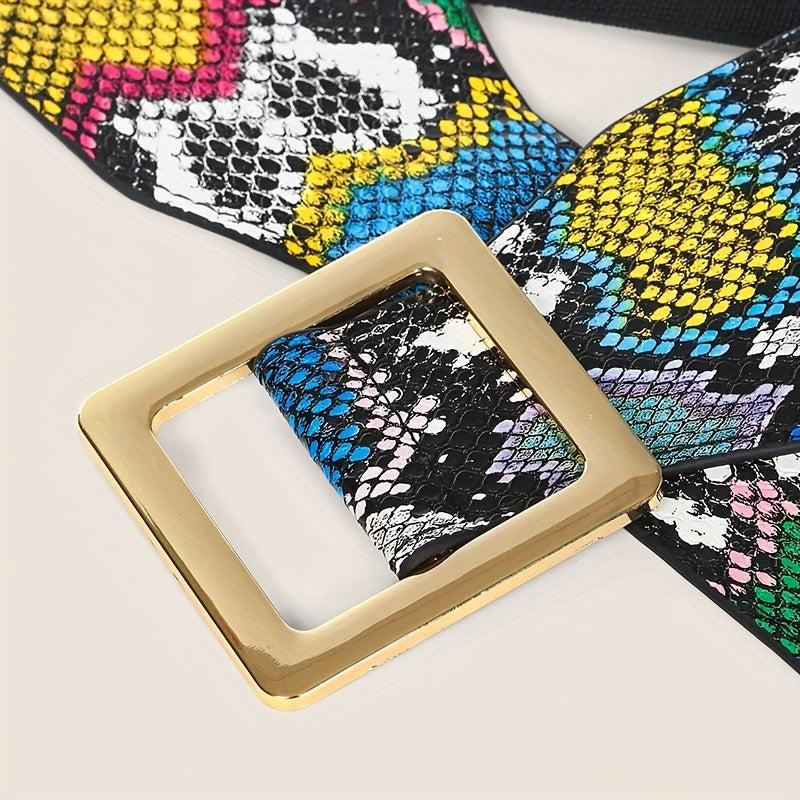 Y2K Snake Pattern Wide Waistband Elastic Square Buckle Belt