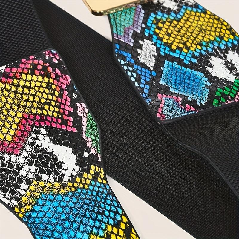 Y2K Snake Pattern Wide Waistband Elastic Square Buckle Belt