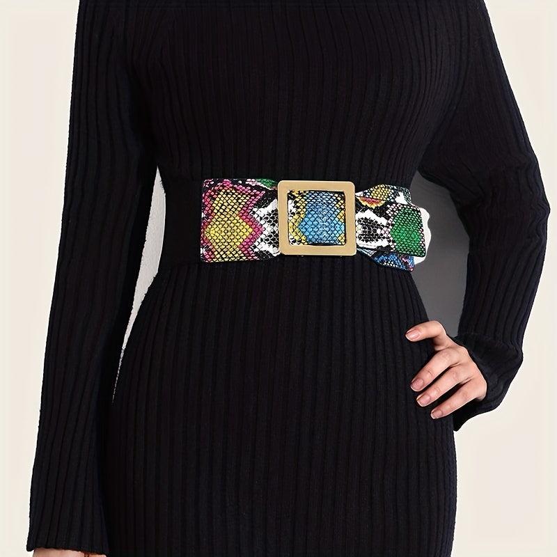 Y2K Snake Pattern Wide Waistband Elastic Square Buckle Belt