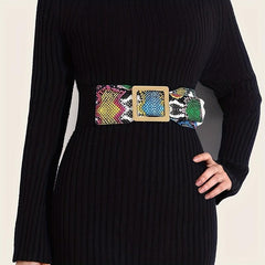 Y2K Snake Pattern Wide Waistband Elastic Square Buckle Belt