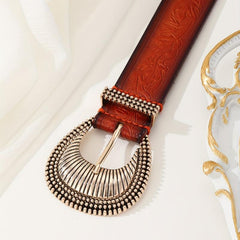Brown Leaf Embossed Belt Oversized Buckle Adjustable