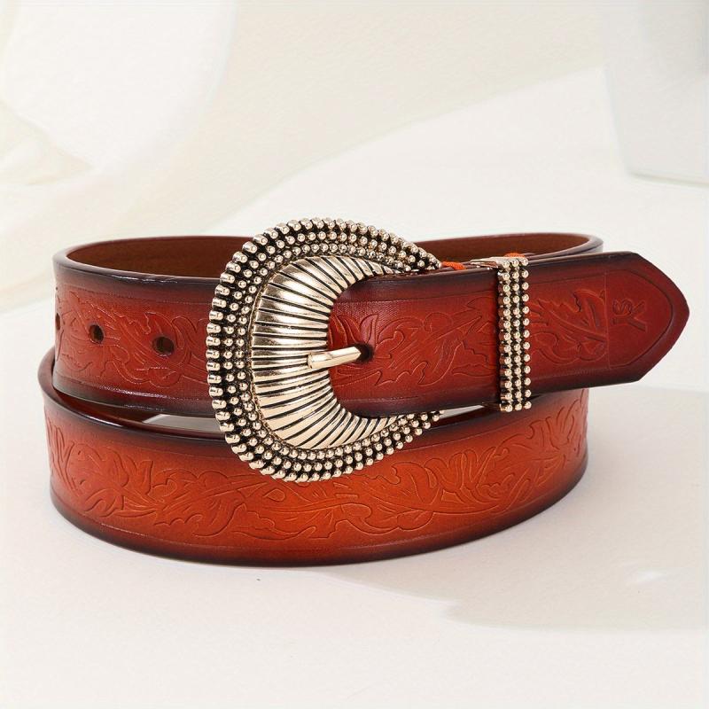 Brown Leaf Embossed Belt Oversized Buckle Adjustable