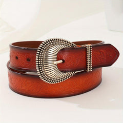 Brown Leaf Embossed Belt Oversized Buckle Adjustable
