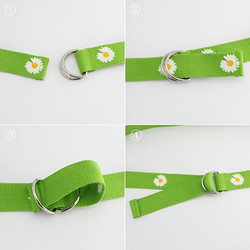 Orange Floral Print Double Buckle Canvas Belt for Women