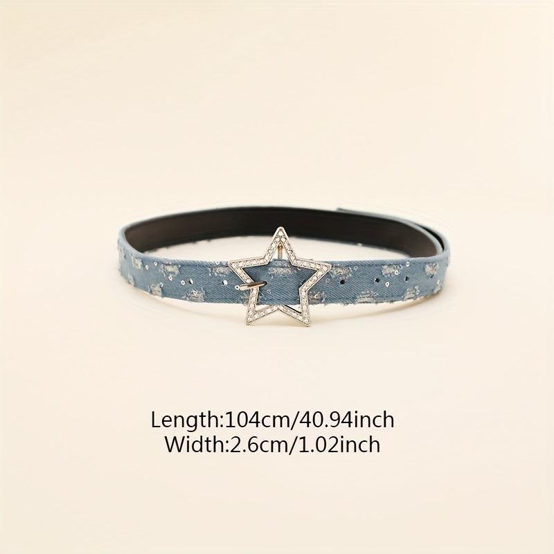 Rhinestone Pentagram Buckle Belt Denim Washed Distressed PU Leather Hip Hop