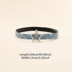 Rhinestone Pentagram Buckle Belt Denim Washed Distressed PU Leather Hip Hop