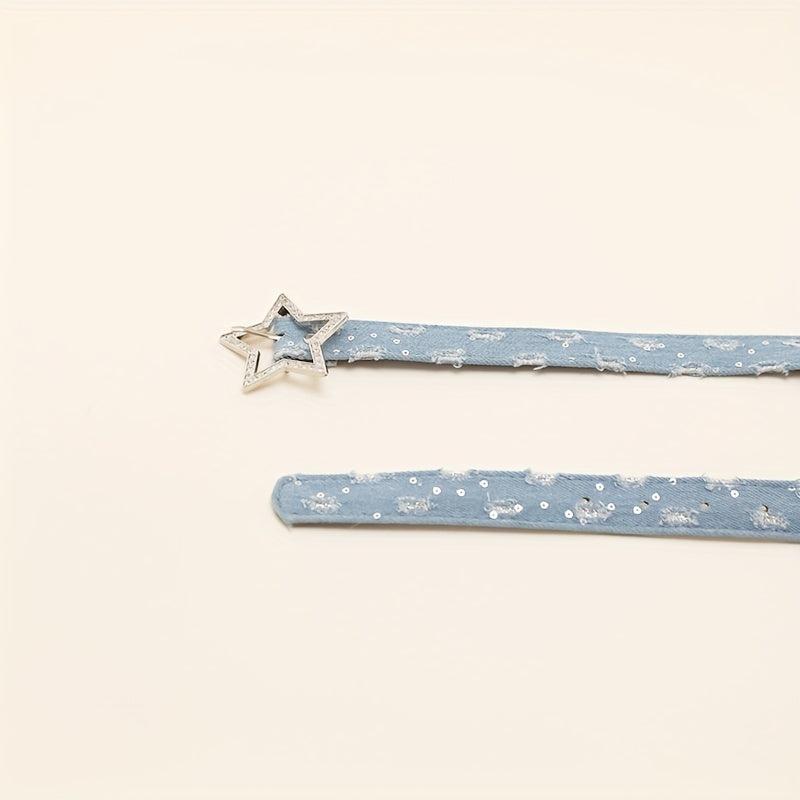 Rhinestone Pentagram Buckle Belt Denim Washed Distressed PU Leather Hip Hop
