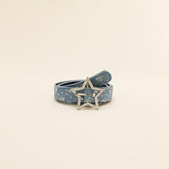Rhinestone Pentagram Buckle Belt Denim Washed Distressed PU Leather Hip Hop
