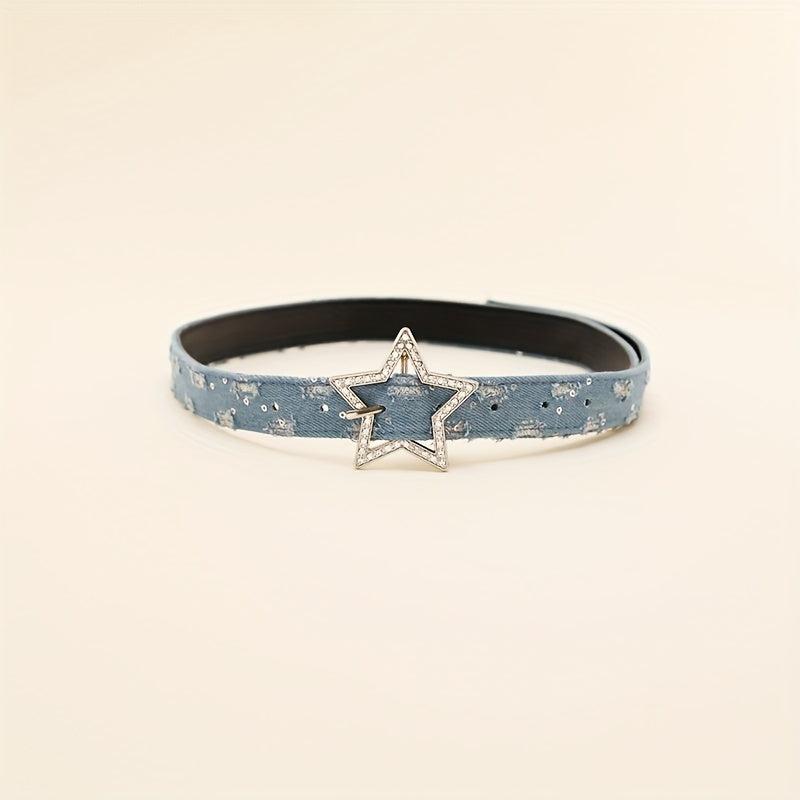 Rhinestone Pentagram Buckle Belt Denim Washed Distressed PU Leather Hip Hop