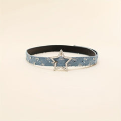 Rhinestone Pentagram Buckle Belt Denim Washed Distressed PU Leather Hip Hop
