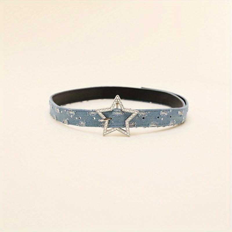 Rhinestone Pentagram Buckle Belt Denim Washed Distressed PU Leather Hip Hop