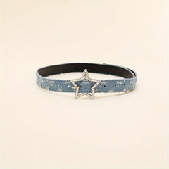 Rhinestone Pentagram Buckle Belt Denim Washed Distressed PU Leather Hip Hop