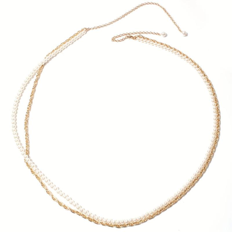 Vintage Faux Pearl Chain Waistband Golden Fringe Girdle