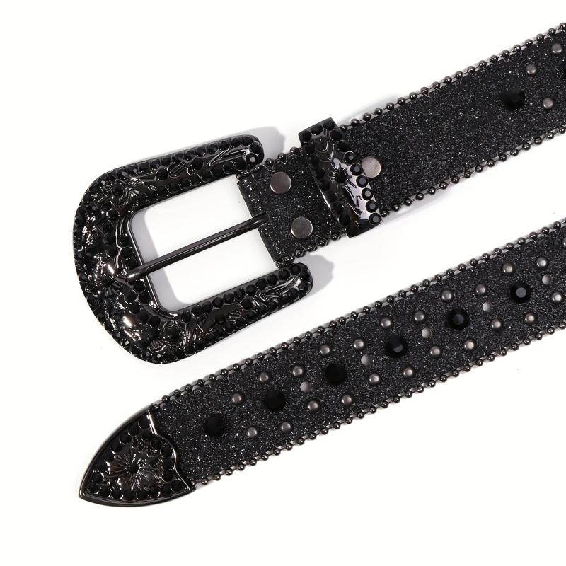 Glitter Buckle Rhinestone Belt Boho PU Leather Western Rivet Jeans Pants Women