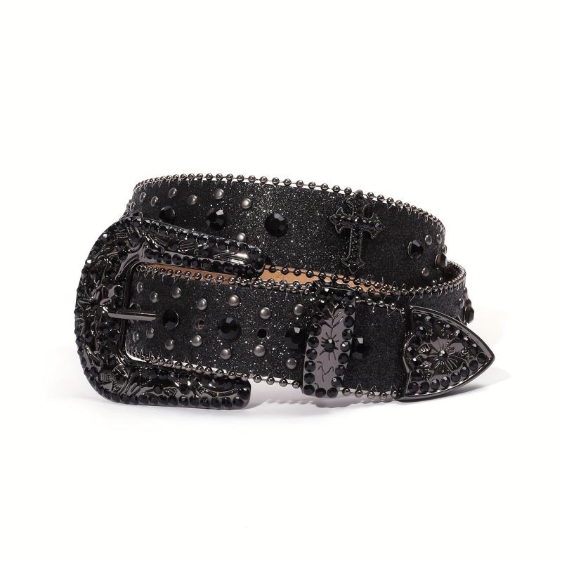 Glitter Buckle Rhinestone Belt Boho PU Leather Western Rivet Jeans Pants Women